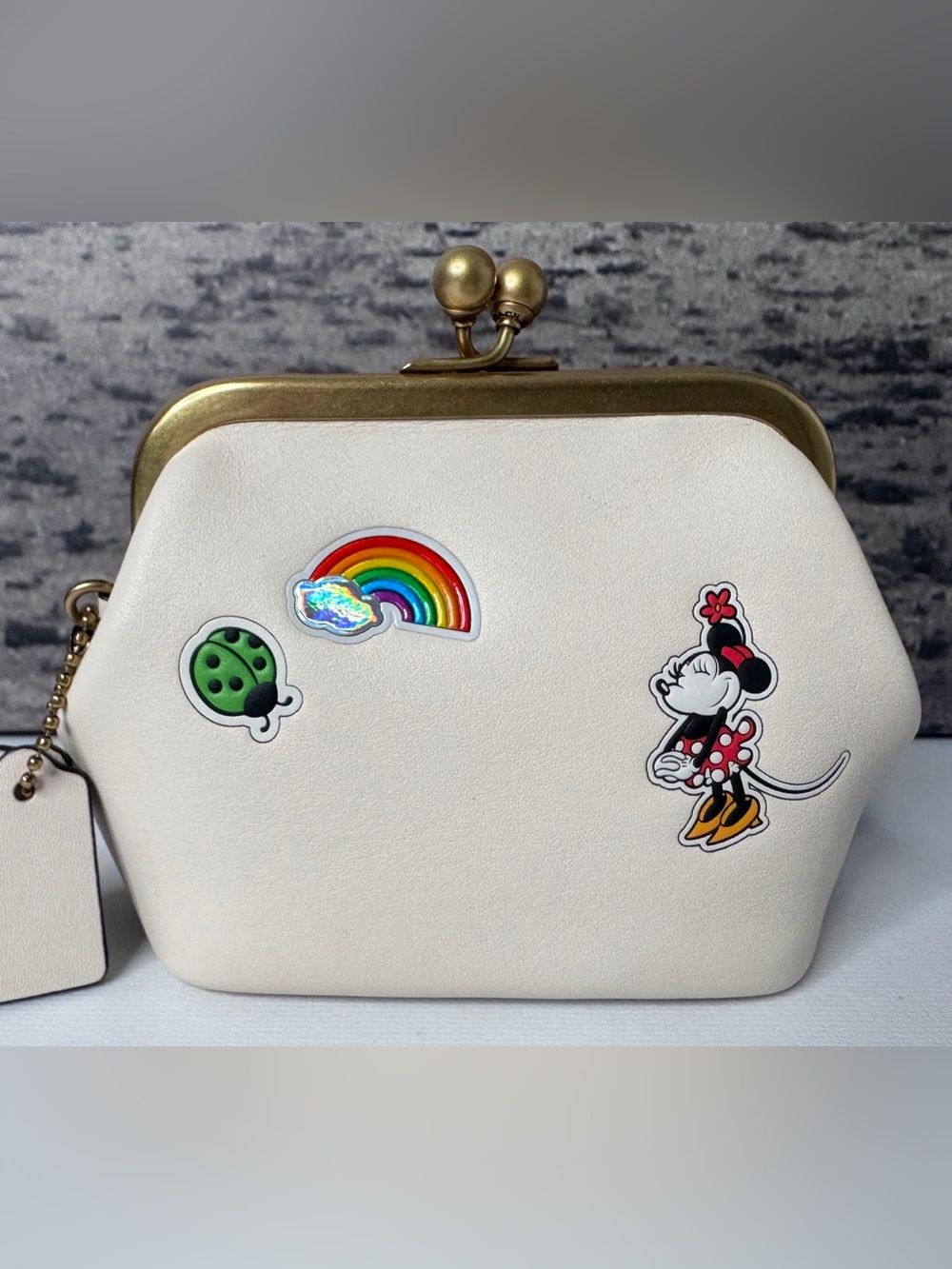 NWT Coach x Disney Kisslock Frame Bag 10 with Sticker Print Chalk CDO91 - Picture 3 of 11